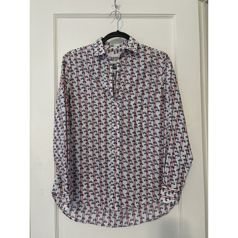 Grayson EUC The Hero 01 XS Button-up Shirt Top Striped Bicycle Print White Red - Picture 10 of 11